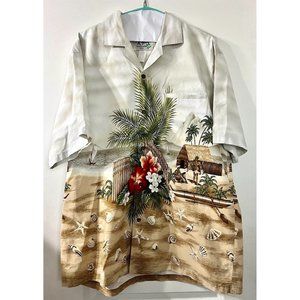 KY'S Hawaiian Short Sleeve Shirt Village‎ Beach Aloha Floral Seashells Mens XL